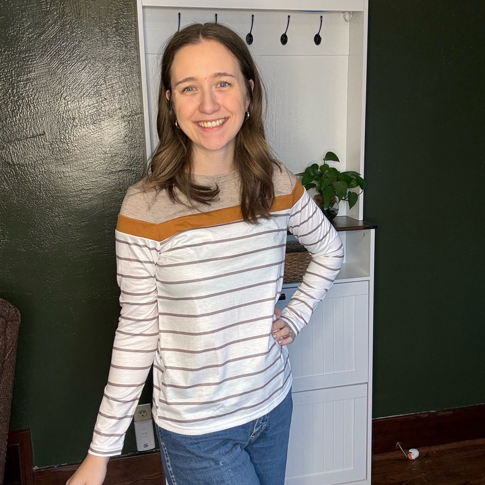 Striped Long Sleeve Top - White and Tan